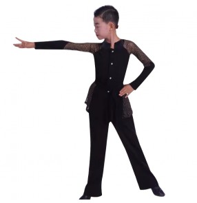 Boys kids black mesh latin ballroom competition dance shirts and pants modern salsa Juvenile ballroom latin stage performance tops and trousers 